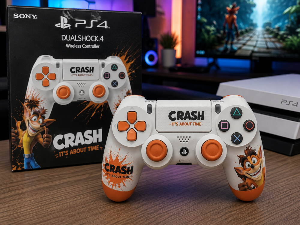 دسته بازی PS4 طرح Crash سفید نارنجی در استاپ گیمینگ مدرن با طراحی چشمنواز.